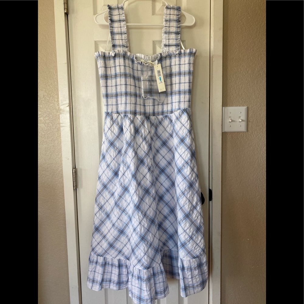 Eliza J Smocked Plaid Dress with matching mask. Tags attached.